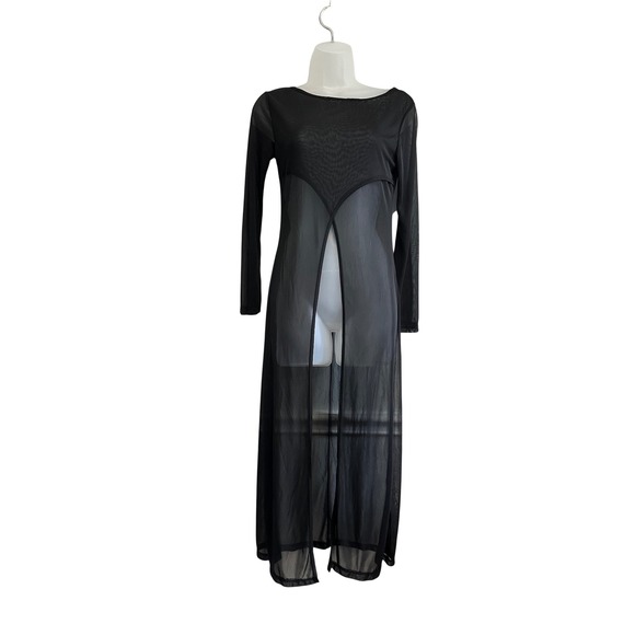 Street Code Tops - Street Code Black Sheer Mesh Maxi Dress Long Sleeve Front Slit Made in USA